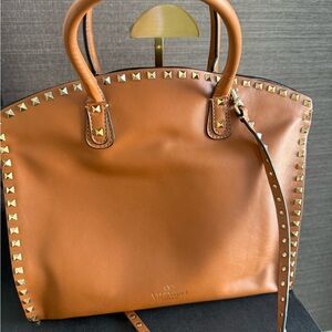 Valentino Tan Leather Tote with Gold Studs